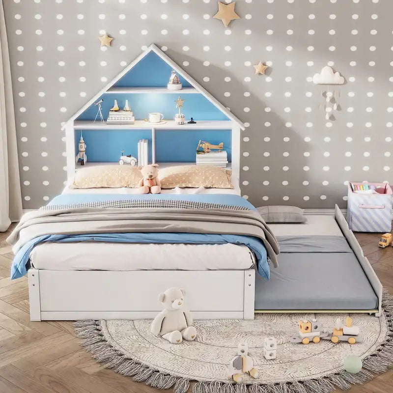 Lit pleine grandeur en forme de maison avec tête de lit bibliothèque, éclairage LED et lit gigogne simple pour enfants, garçons et filles