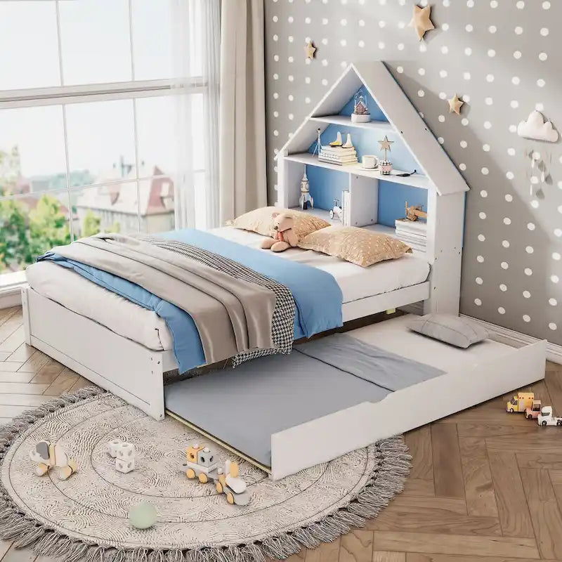 Lit pleine grandeur en forme de maison avec tête de lit bibliothèque, éclairage LED et lit gigogne simple pour enfants, garçons et filles