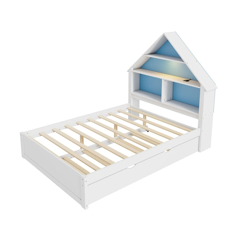 Lit pleine grandeur en forme de maison avec tête de lit bibliothèque, éclairage LED et lit gigogne simple pour enfants, garçons et filles