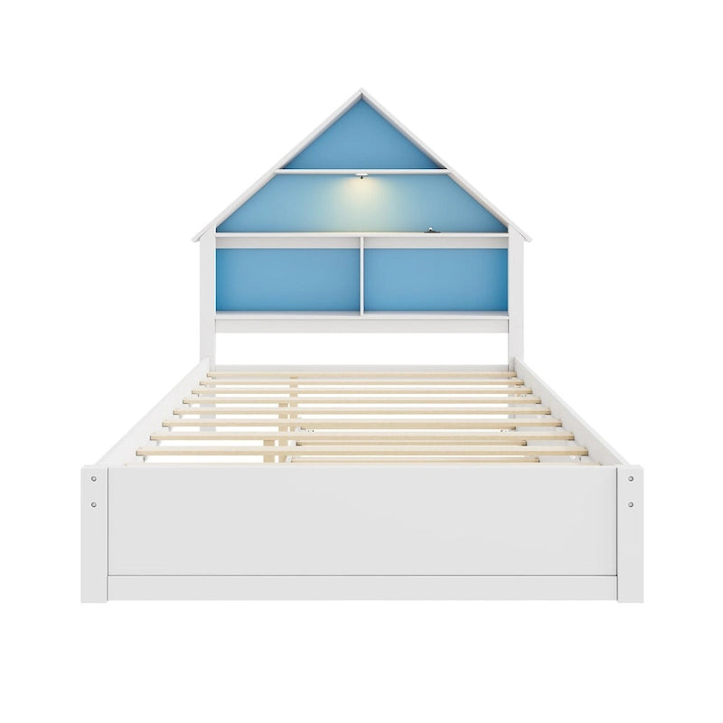 Lit pleine grandeur en forme de maison avec tête de lit bibliothèque, éclairage LED et lit gigogne simple pour enfants, garçons et filles