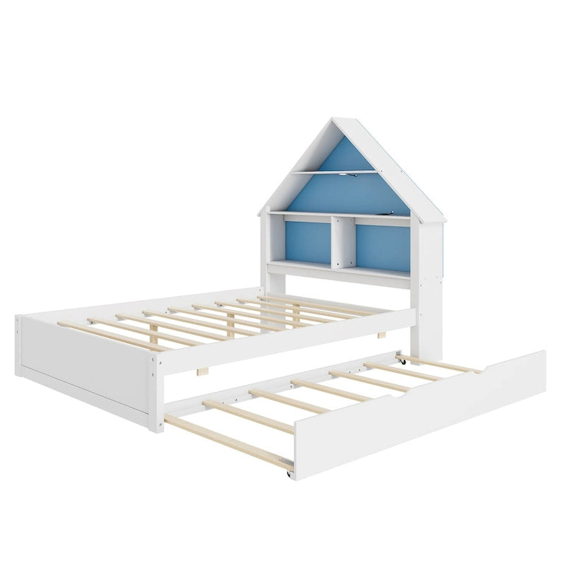 Lit pleine grandeur en forme de maison avec tête de lit bibliothèque, éclairage LED et lit gigogne simple pour enfants, garçons et filles