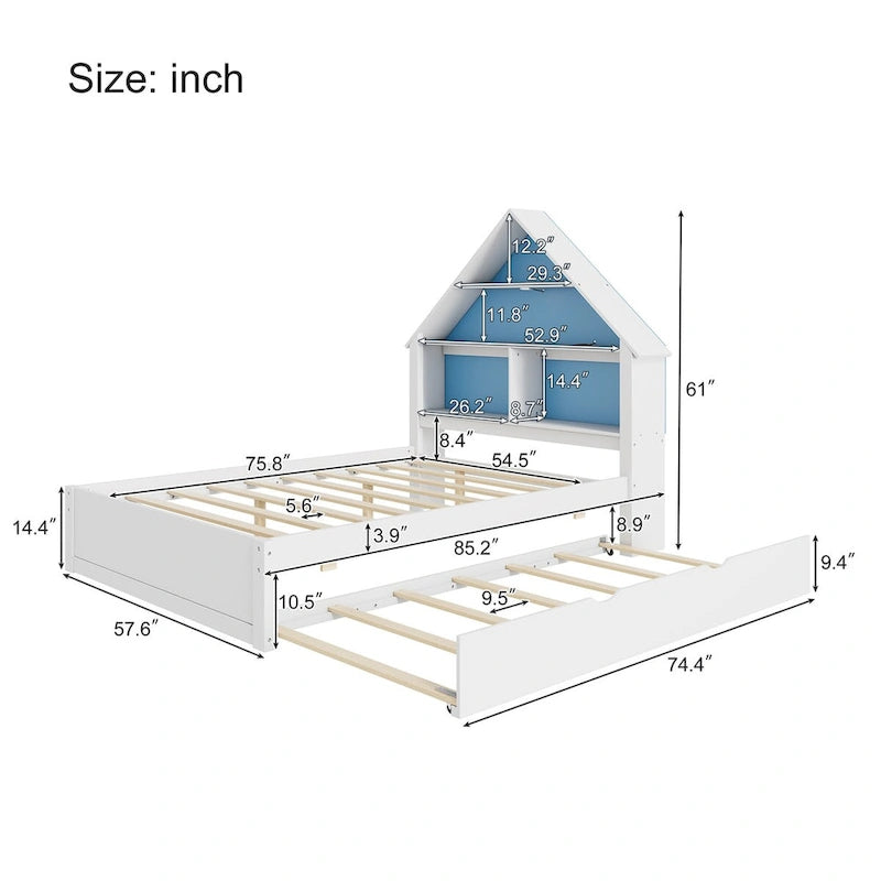 Lit pleine grandeur en forme de maison avec tête de lit bibliothèque, éclairage LED et lit gigogne simple pour enfants, garçons et filles