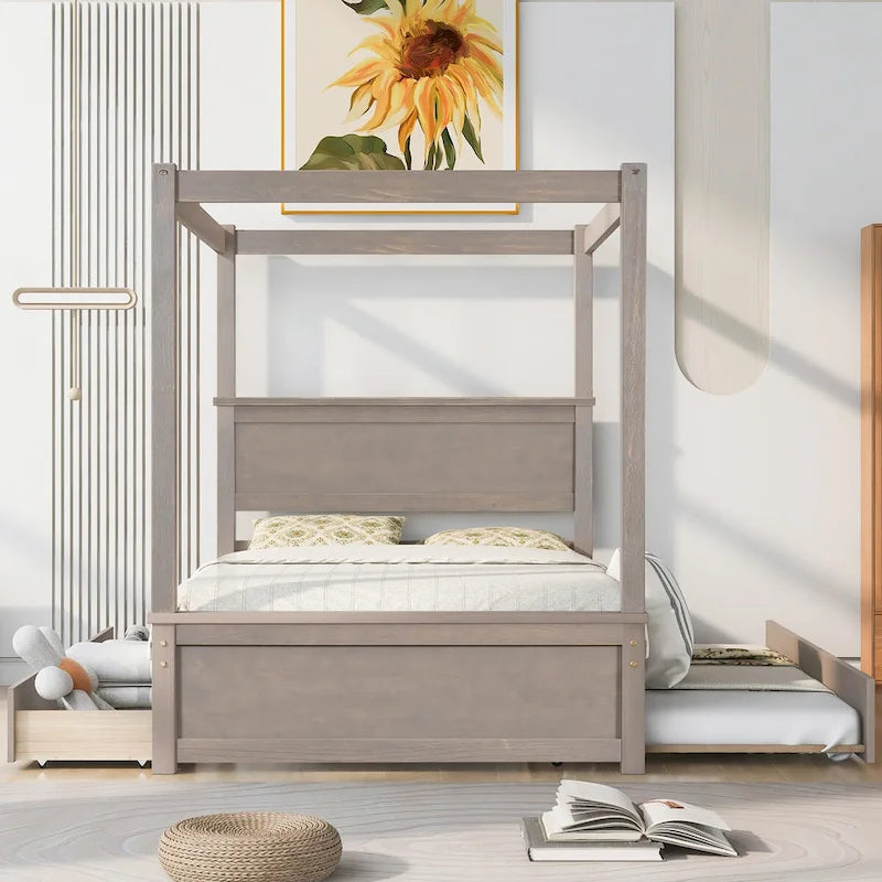 Full Size Wood Canopy Bed with Trundle, Drawers, and Support Slats