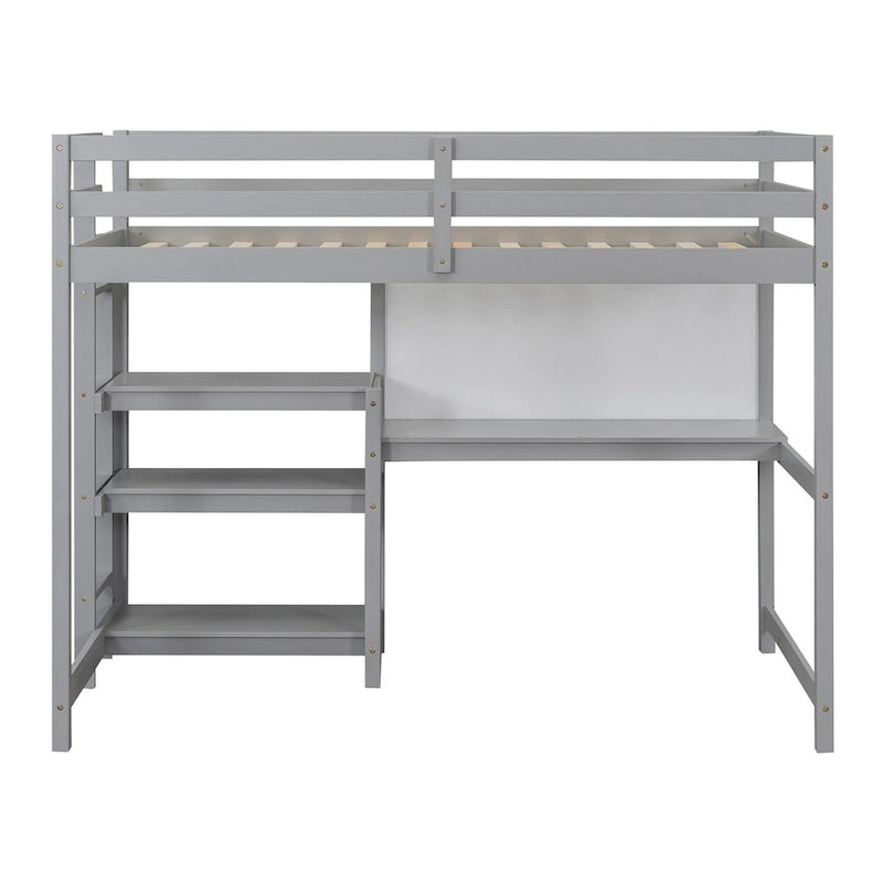 Lit mezzanine en bois pour matelas une place avec étagères à 3 niveaux, bureau et tableau d'écriture