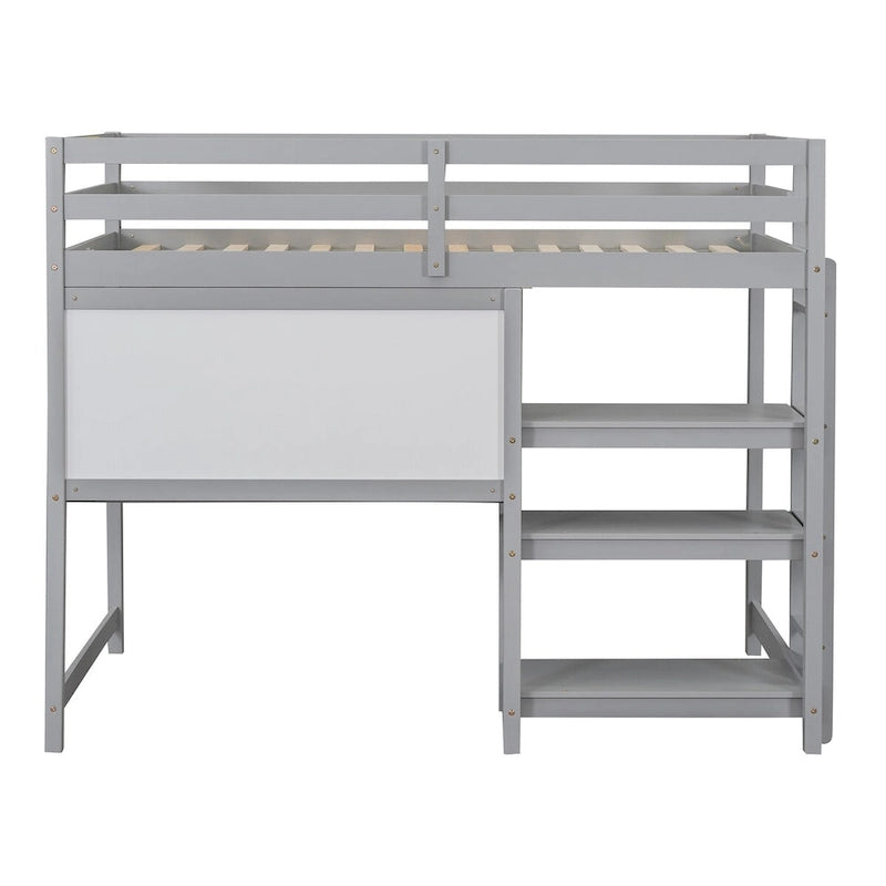 Lit mezzanine en bois pour matelas une place avec étagères à 3 niveaux, bureau et tableau d'écriture