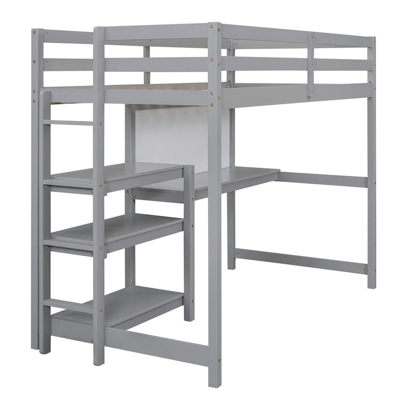 Lit mezzanine en bois pour matelas une place avec étagères à 3 niveaux, bureau et tableau d'écriture