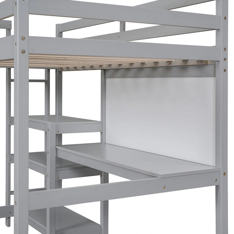 Lit mezzanine en bois pour matelas une place avec étagères à 3 niveaux, bureau et tableau d'écriture