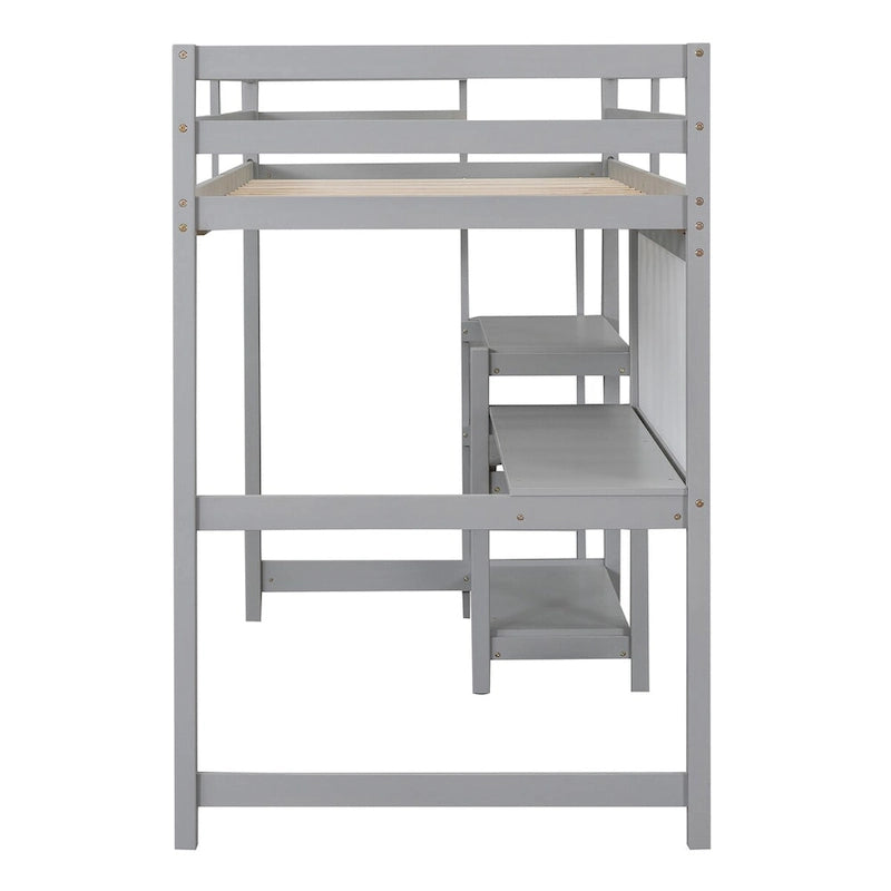Lit mezzanine en bois pour matelas une place avec étagères à 3 niveaux, bureau et tableau d'écriture