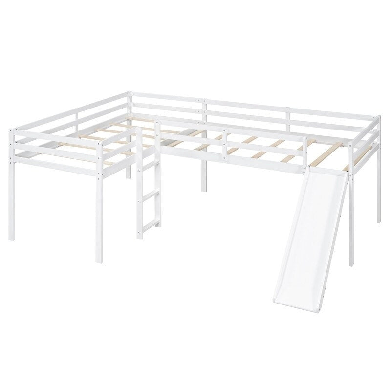 Lit mezzanine en bois en forme de L, taille double, avec échelle et toboggan
