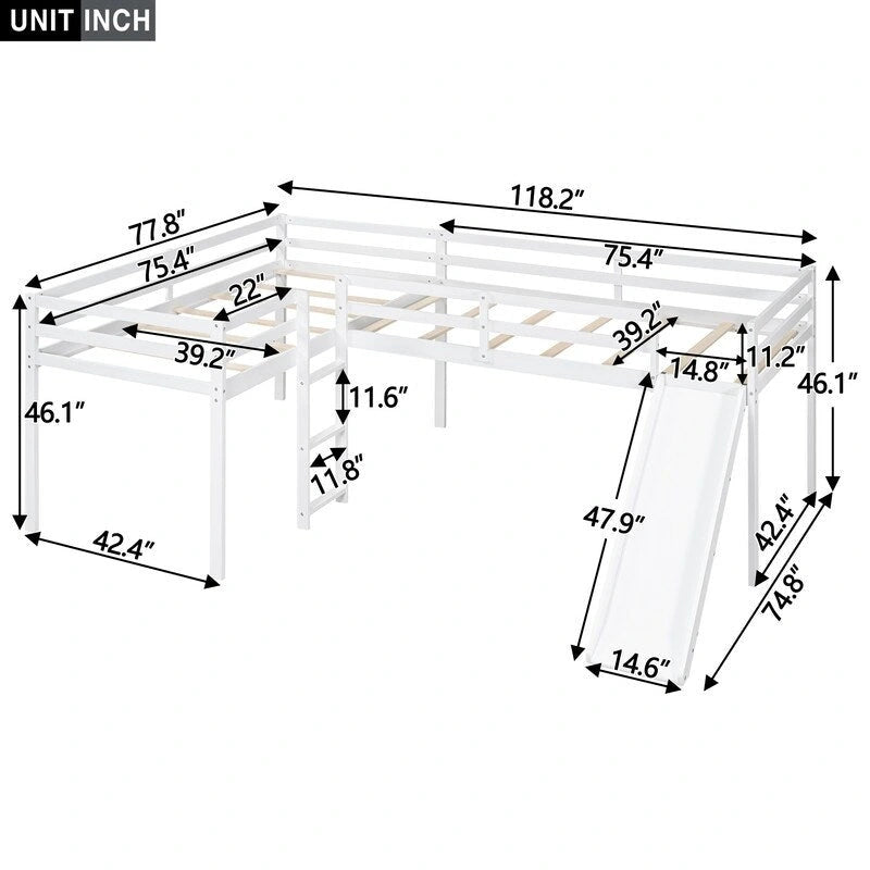 Lit mezzanine en bois en forme de L, taille double, avec échelle et toboggan
