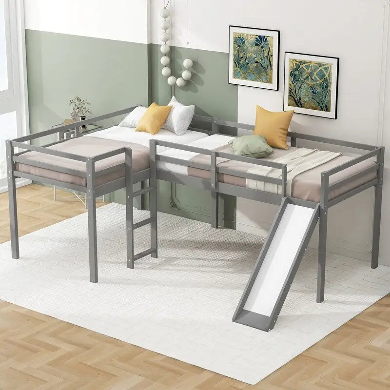 Lit mezzanine en bois en forme de L, taille double, avec échelle et toboggan