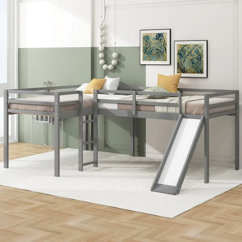 Lit mezzanine en bois en forme de L, taille double, avec échelle et toboggan