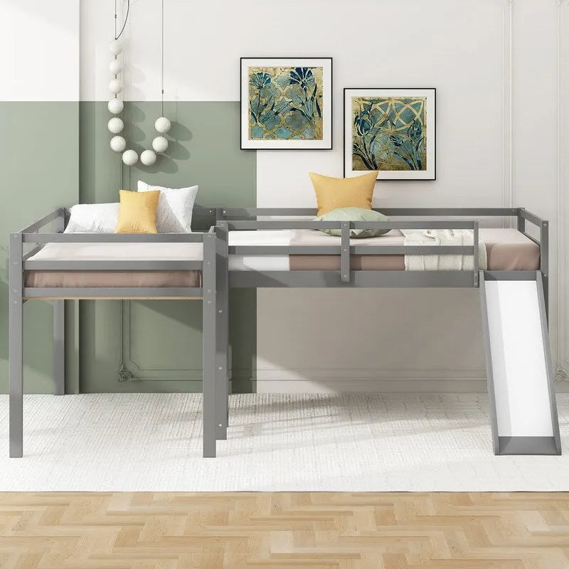 Lit mezzanine en bois en forme de L, taille double, avec échelle et toboggan