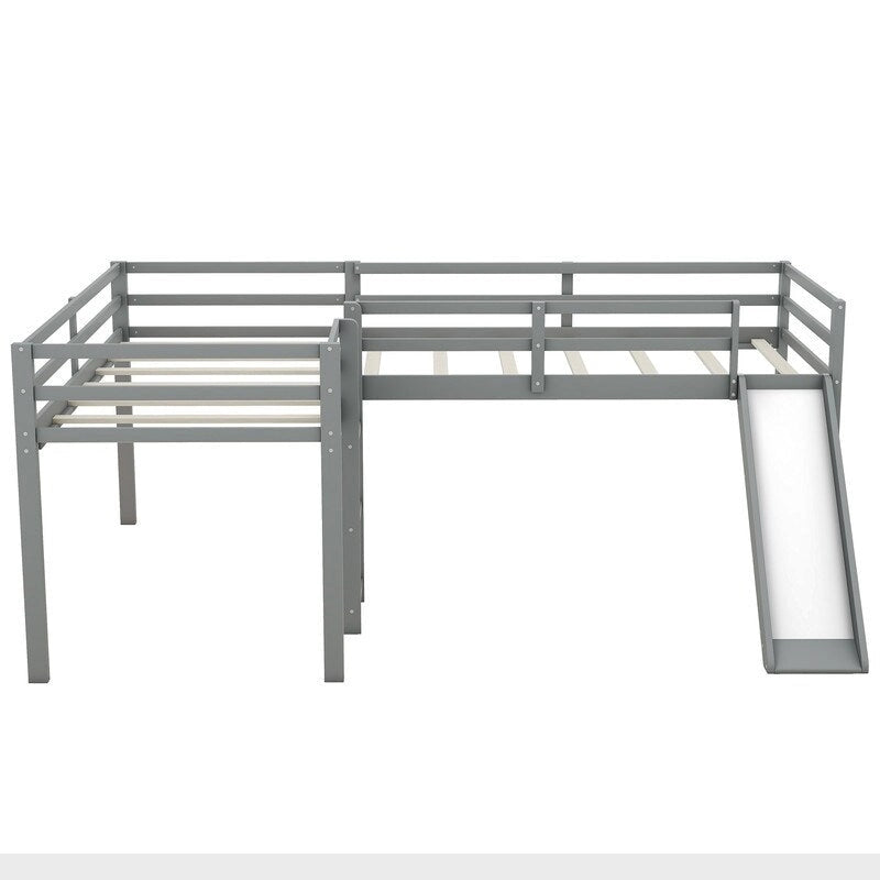 Lit mezzanine en bois en forme de L, taille double, avec échelle et toboggan