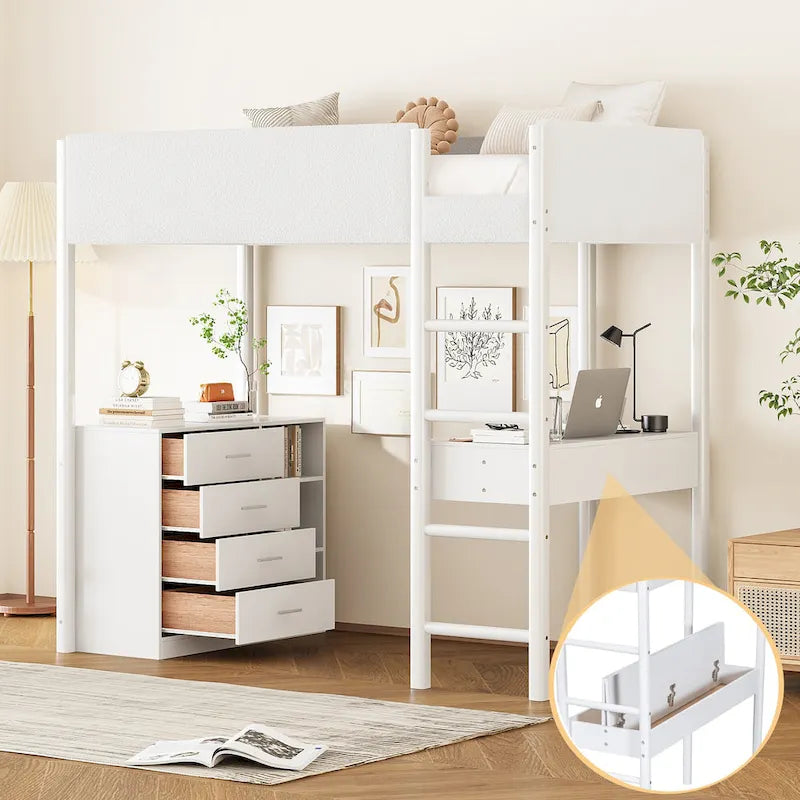Lit mezzanine en bois pour matelas une place avec tiroirs et bureau