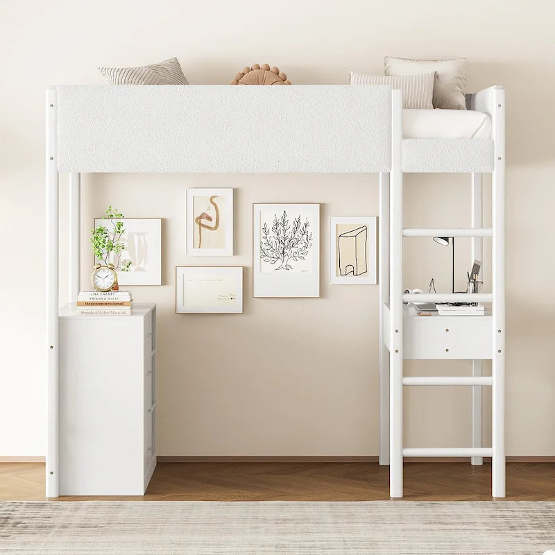 Lit mezzanine en bois pour matelas une place avec tiroirs et bureau
