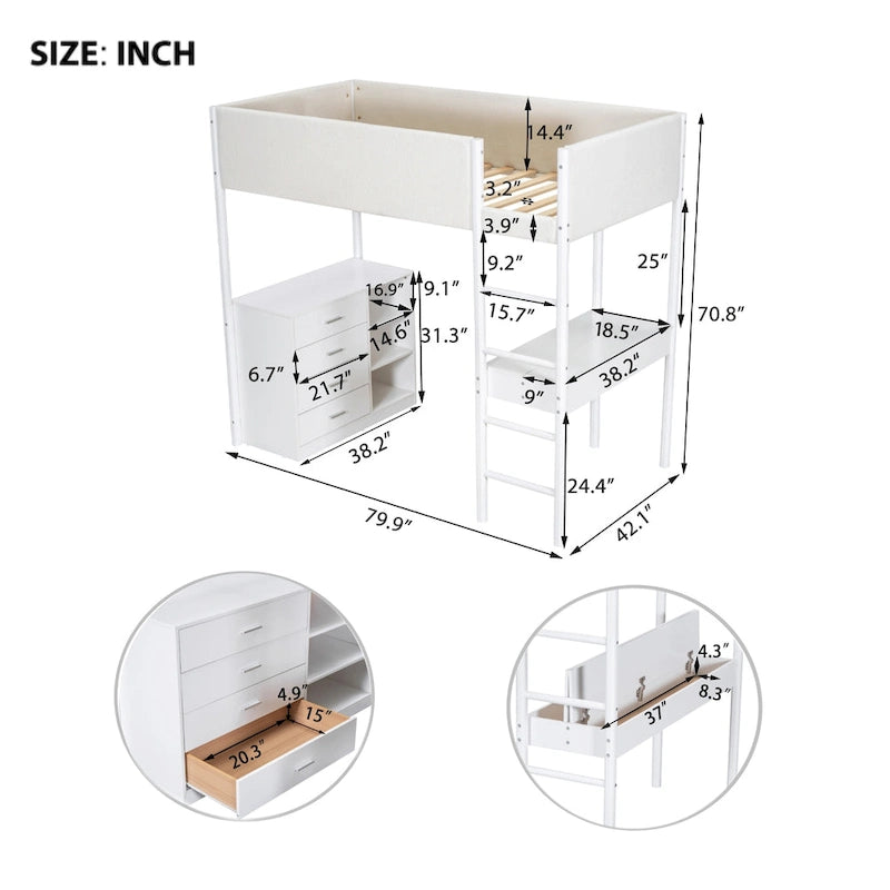Lit mezzanine en bois pour matelas une place avec tiroirs et bureau