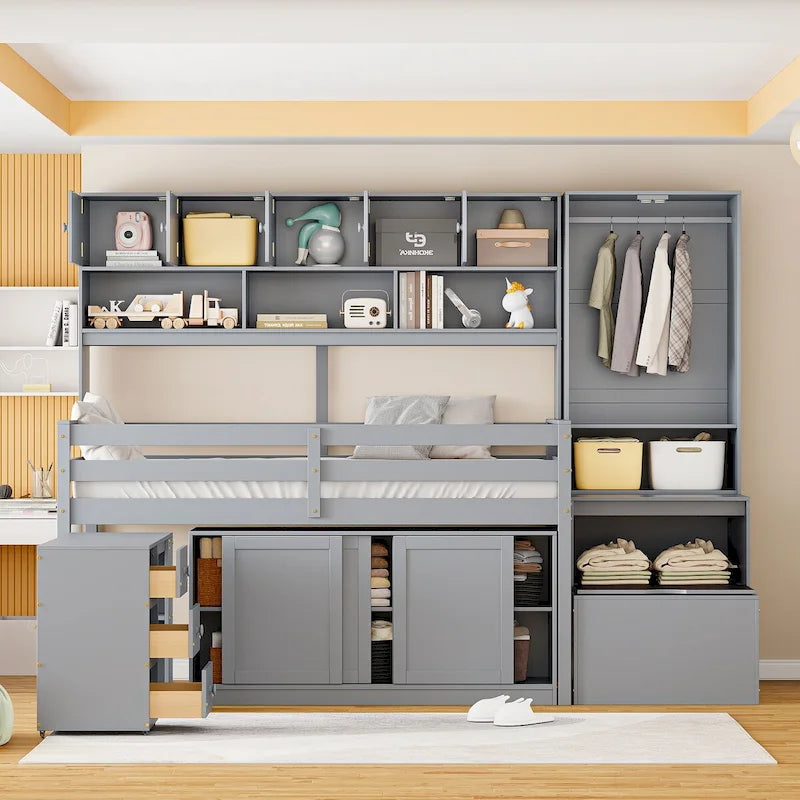 Lit mezzanine double en bois avec grand espace de rangement et bureau sous le lit