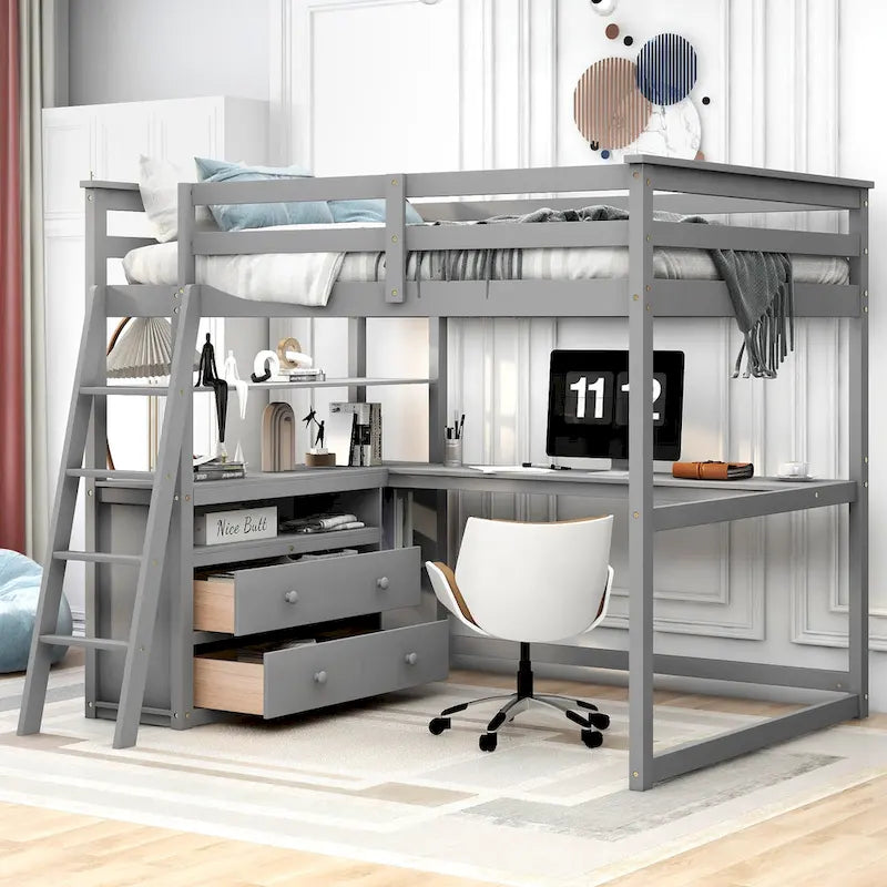 Lit mezzanine avec bureau et étagères, 2 tiroirs intégrés