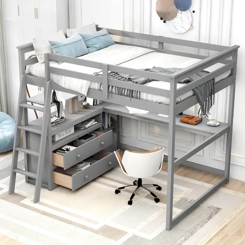 Lit mezzanine avec bureau et étagères, 2 tiroirs intégrés