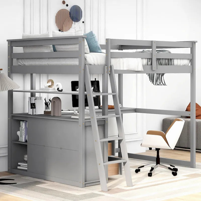 Lit mezzanine avec bureau et étagères, 2 tiroirs intégrés