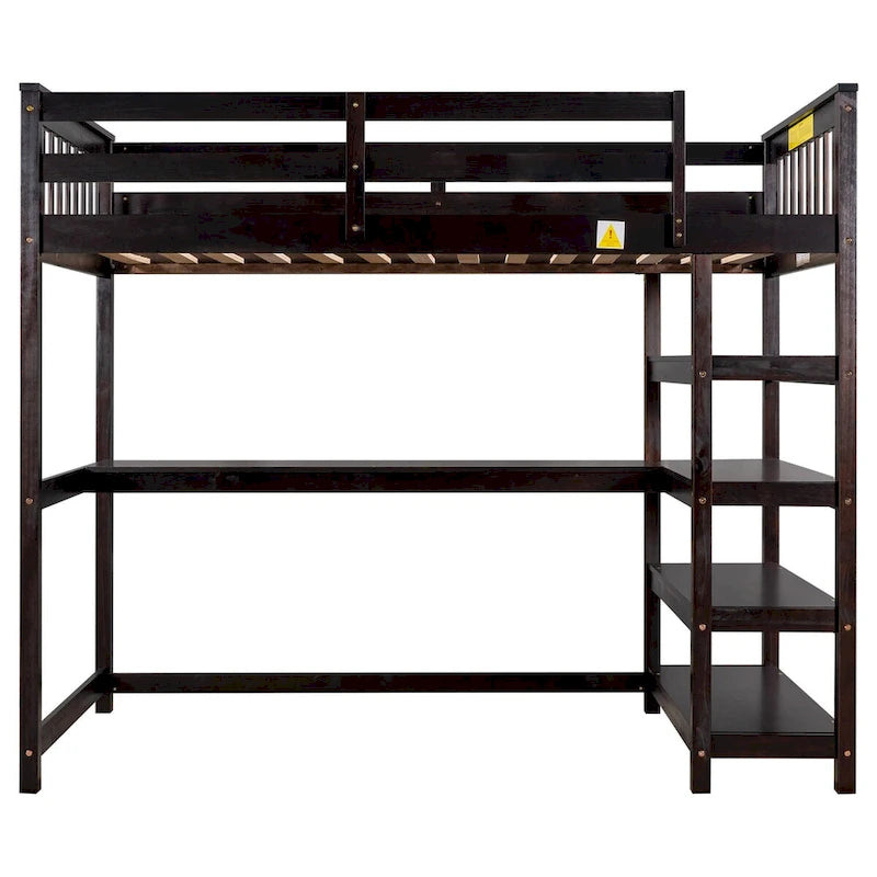 Espresso Solid Wood Loft Bed with Integrated Desk, Storage Shelves, Stable Guardrails