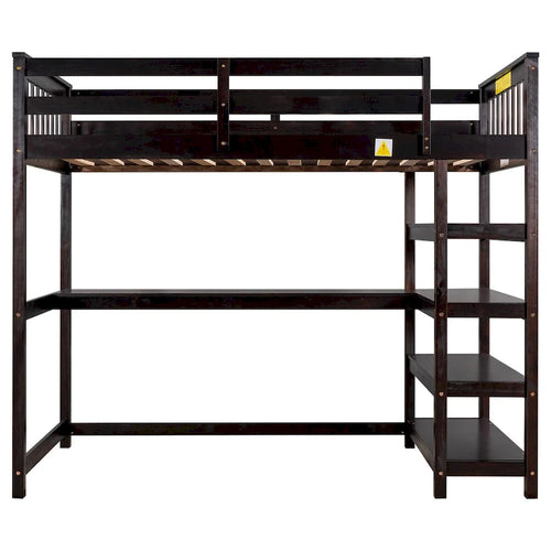 Espresso Solid Wood Loft Bed with Integrated Desk, Storage Shelves, Stable Guardrails
