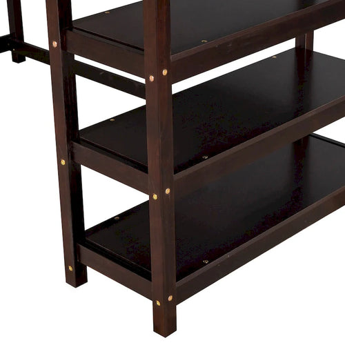 Lit mezzanine en bois massif Espresso avec bureau intégré, étagères de rangement, balustrades stables
