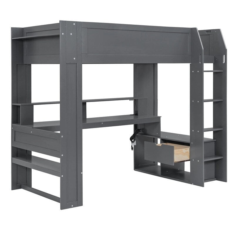 Wood Twin Size Gaming Loft Bed with Desk, Multi-storage Shelves, LED and Charging Station, Dark Gray