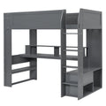 Lit mezzanine de jeu en bois pour jumeaux avec bureau, étagères de rangement multiples, LED et station de recharge, gris foncé