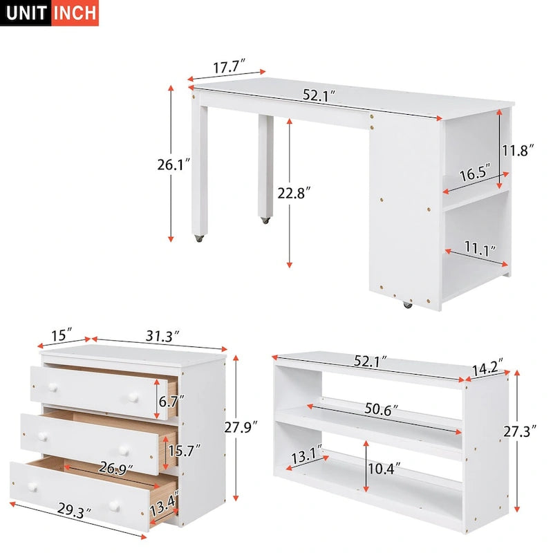 Lit mezzanine multifonction en bois de pin blanc avec bureau mobile, bibliothèque modulaire et commode