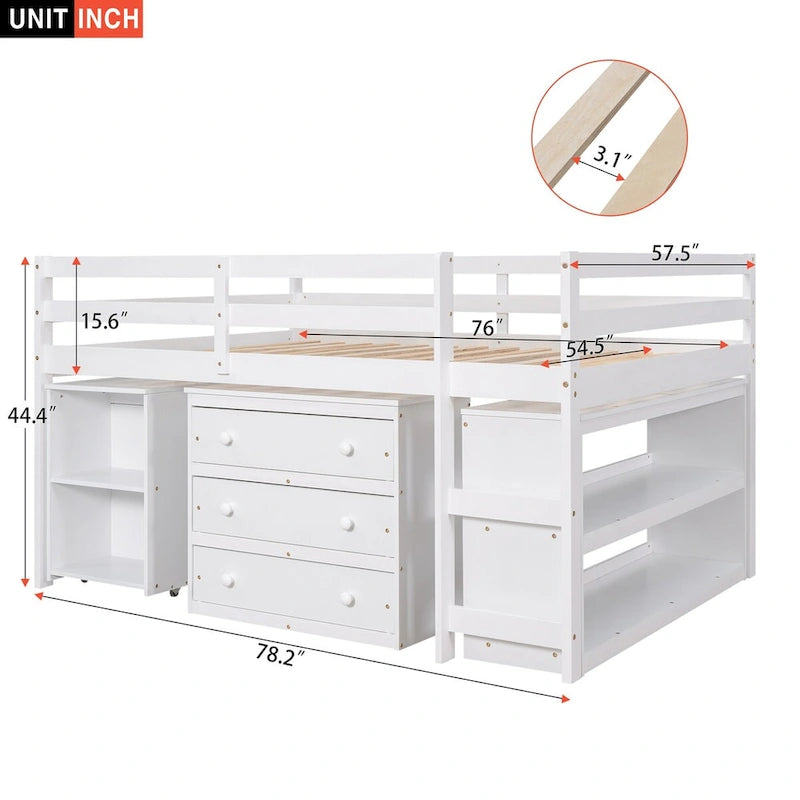 Lit mezzanine multifonction en bois de pin blanc avec bureau mobile, bibliothèque modulaire et commode