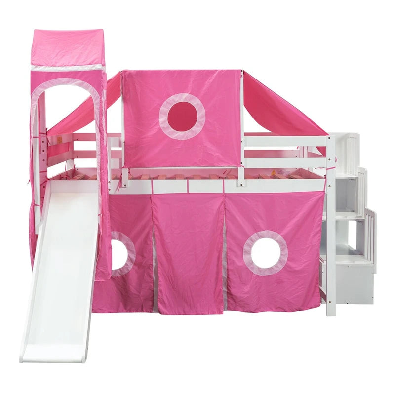 Lit mezzanine "Château" avec escalier de rangement et toboggan