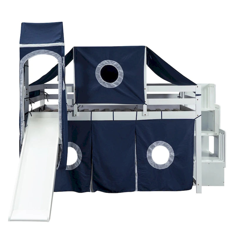 Lit mezzanine "Château" avec escalier de rangement et toboggan