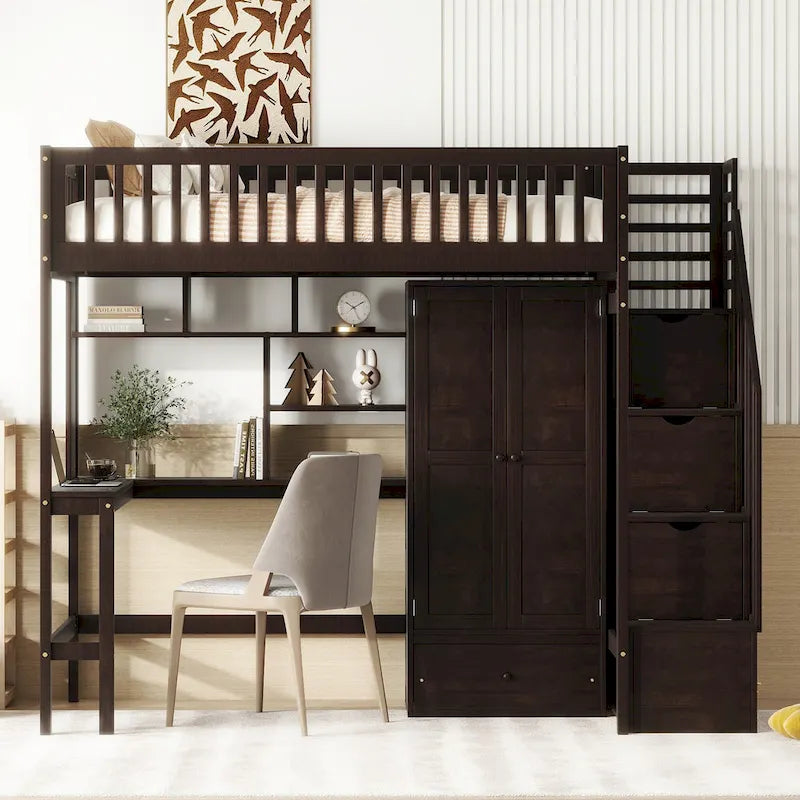 Lit mezzanine en bois massif de taille double avec étagère, tiroirs, bureau intégré, armoire et escalier de rangement