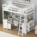 Full Size Wooden Loft Bed with U-shaped Desk, Drawers and Storage Shelves