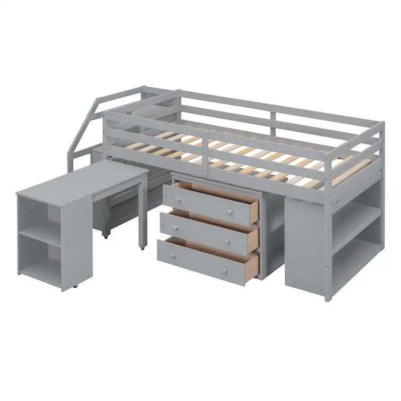 Lit mezzanine en bois massif avec bureau rétractable, escalier de rangement, tiroirs et étagères