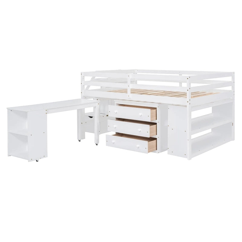 Lit mezzanine en bois massif avec bureau rétractable, escalier de rangement, tiroirs et étagères