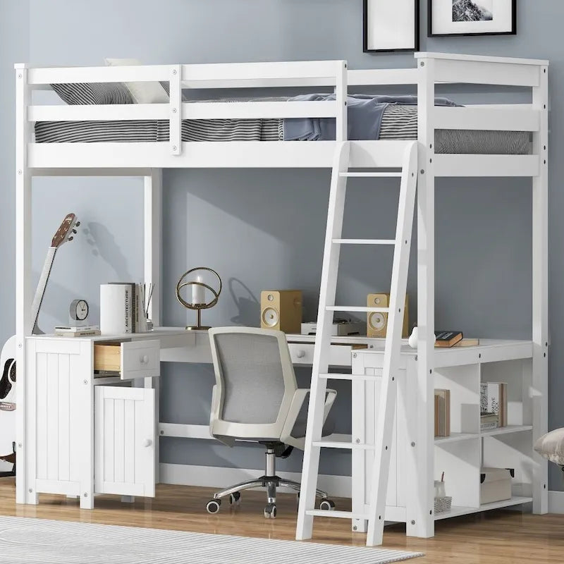 Twin Size Loft Bed with U-shaped Desk, Drawers and Storage Shelves