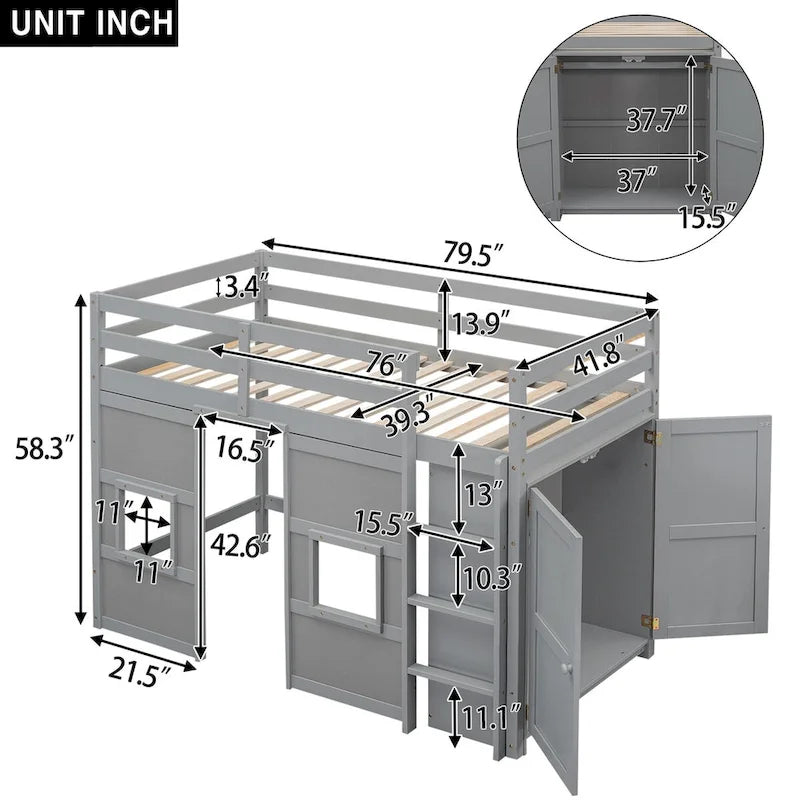 Lit mezzanine double avec armoire de rangement intégrée et 2 fenêtres