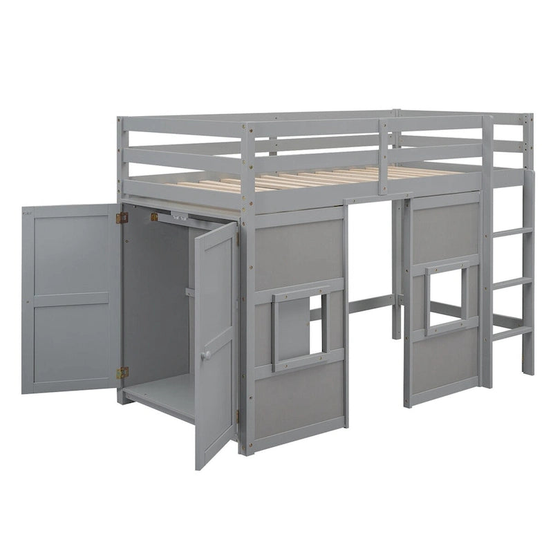 Lit mezzanine double avec armoire de rangement intégrée et 2 fenêtres