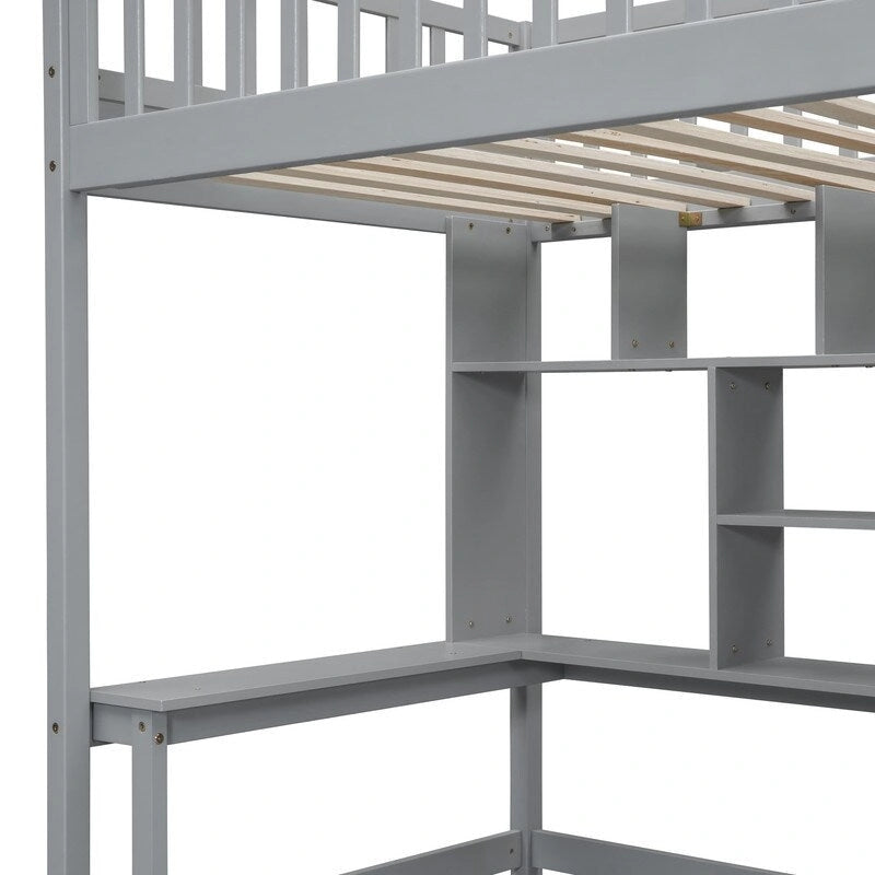 Lit mezzanine une place avec bibliothèque, tiroirs, bureau et armoire