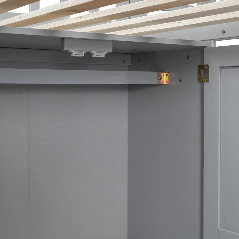 Lit mezzanine une place avec bibliothèque, tiroirs, bureau et armoire