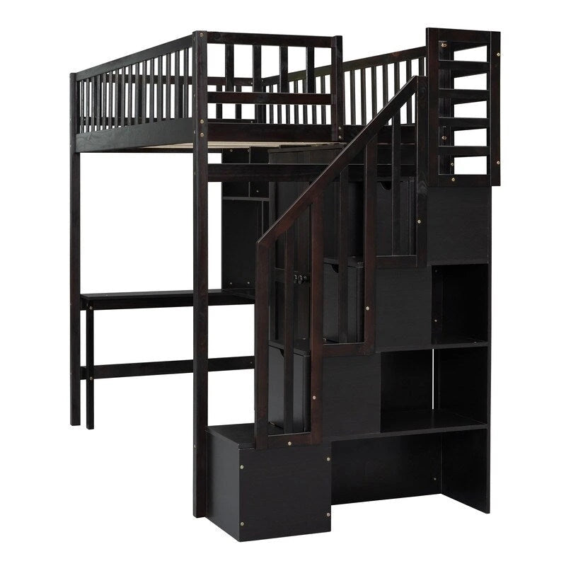 Lit mezzanine une place avec bibliothèque, tiroirs, bureau et armoire
