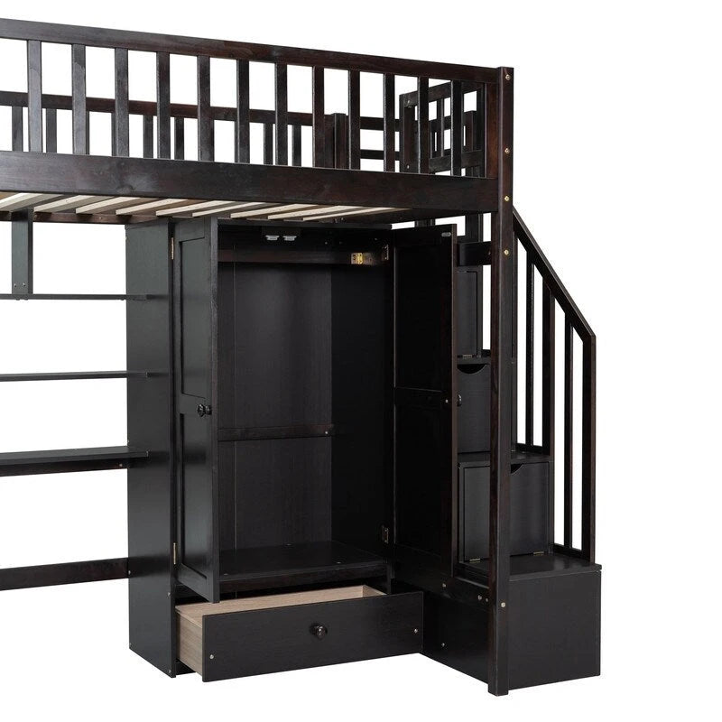 Lit mezzanine une place avec bibliothèque, tiroirs, bureau et armoire