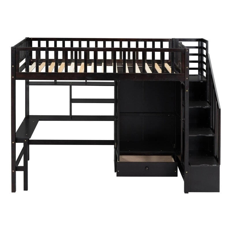 Lit mezzanine une place avec bibliothèque, tiroirs, bureau et armoire