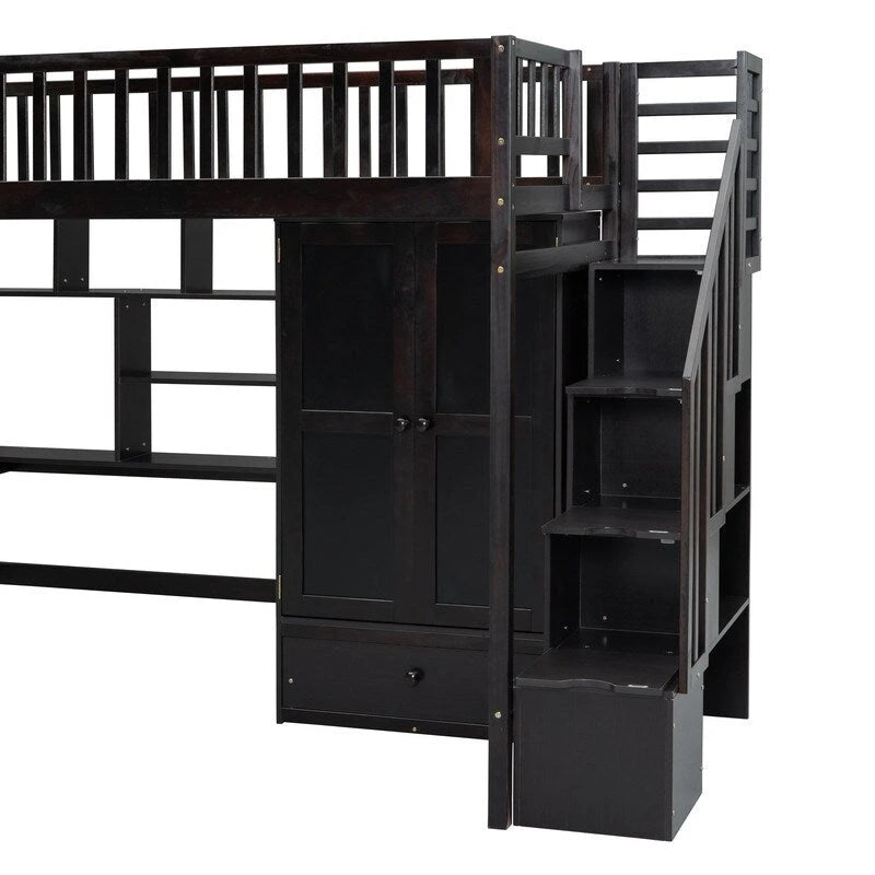 Lit mezzanine une place avec bibliothèque, tiroirs, bureau et armoire