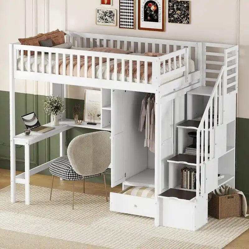 Lit mezzanine une place avec bibliothèque, tiroirs, bureau et armoire