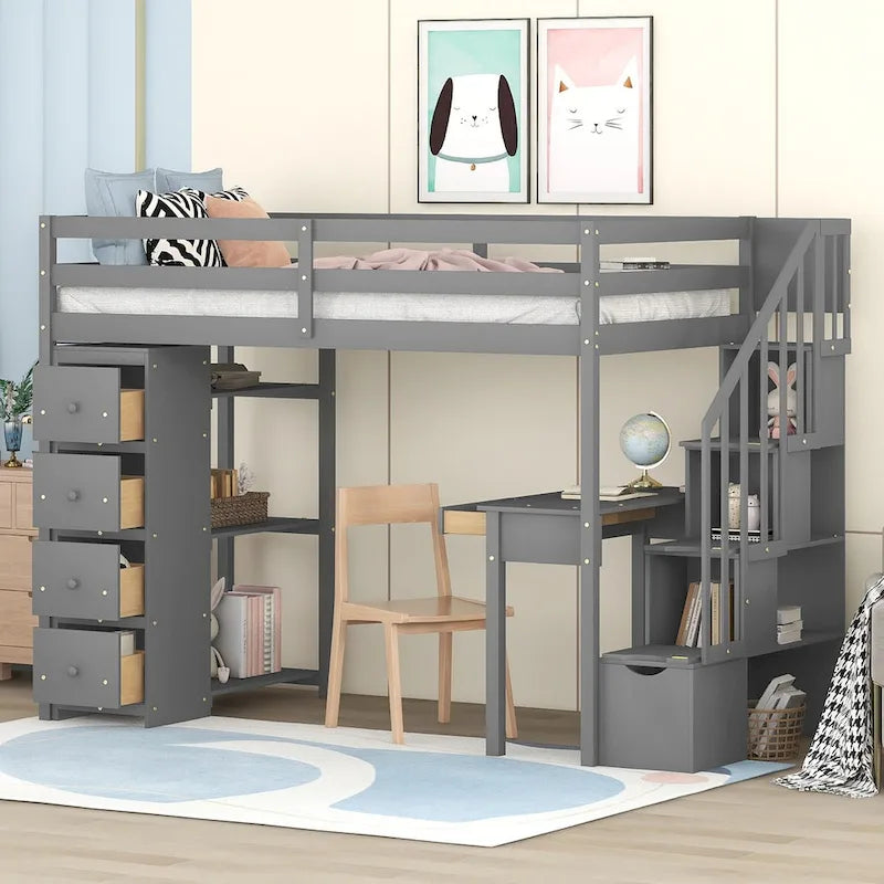 Lit mezzanine une place avec bureau et escalier de rangement, cadre de lit en bois gain de place avec tiroirs et étagères