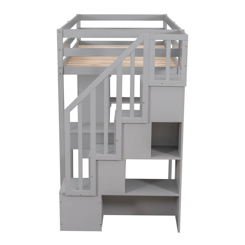 Lit mezzanine une place avec bureau et escalier de rangement, cadre de lit en bois gain de place avec tiroirs et étagères